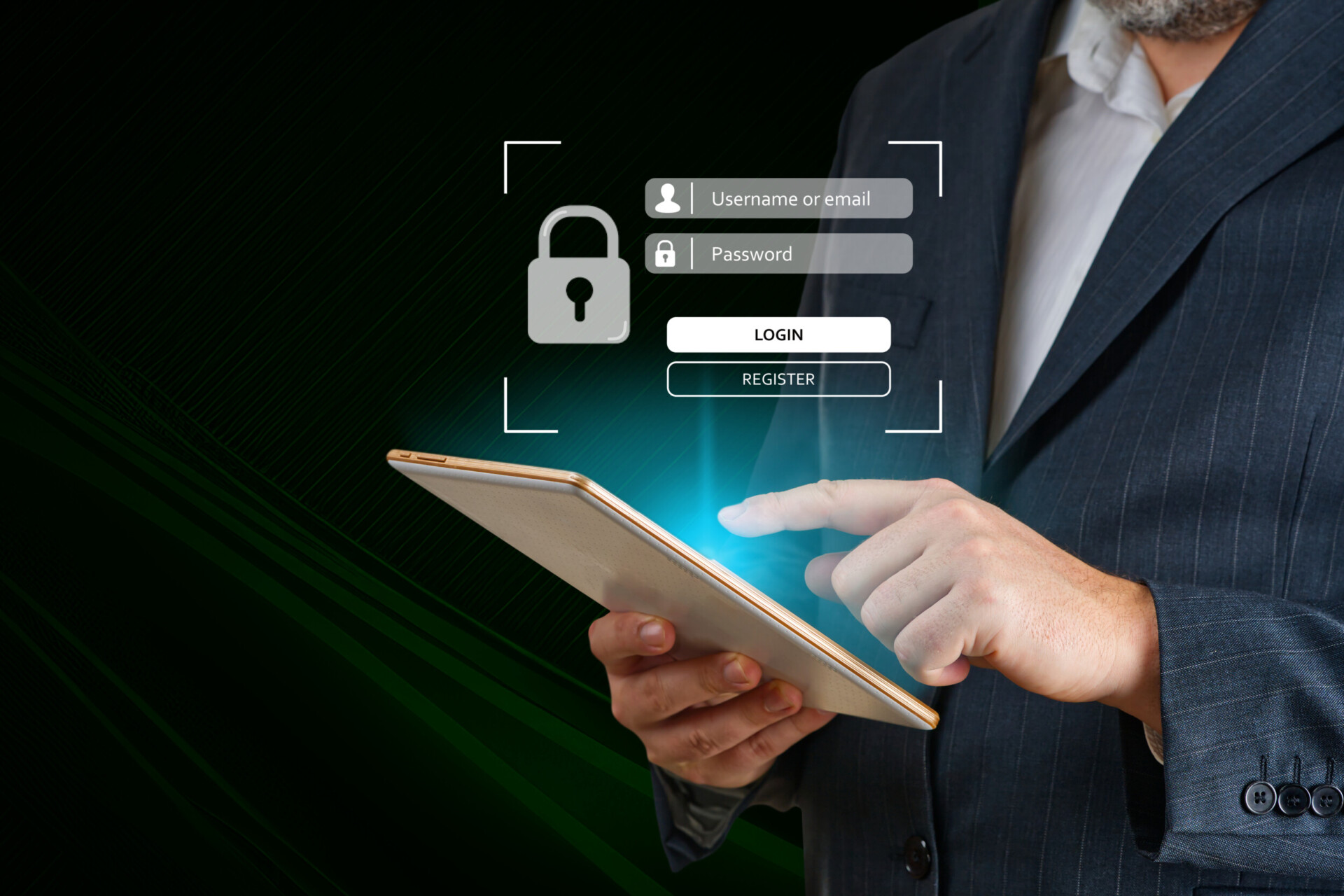 login landing page concept. user typing login and password. hand man use mobile phone for log in