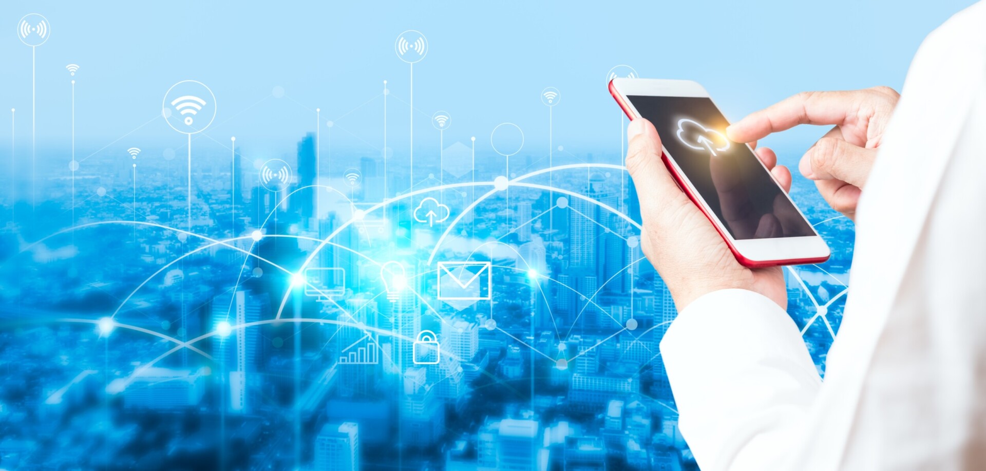 man's hand using smartphone to connecting data information and b