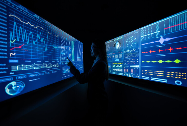 the business lady standing between blue monitors in the dark office.