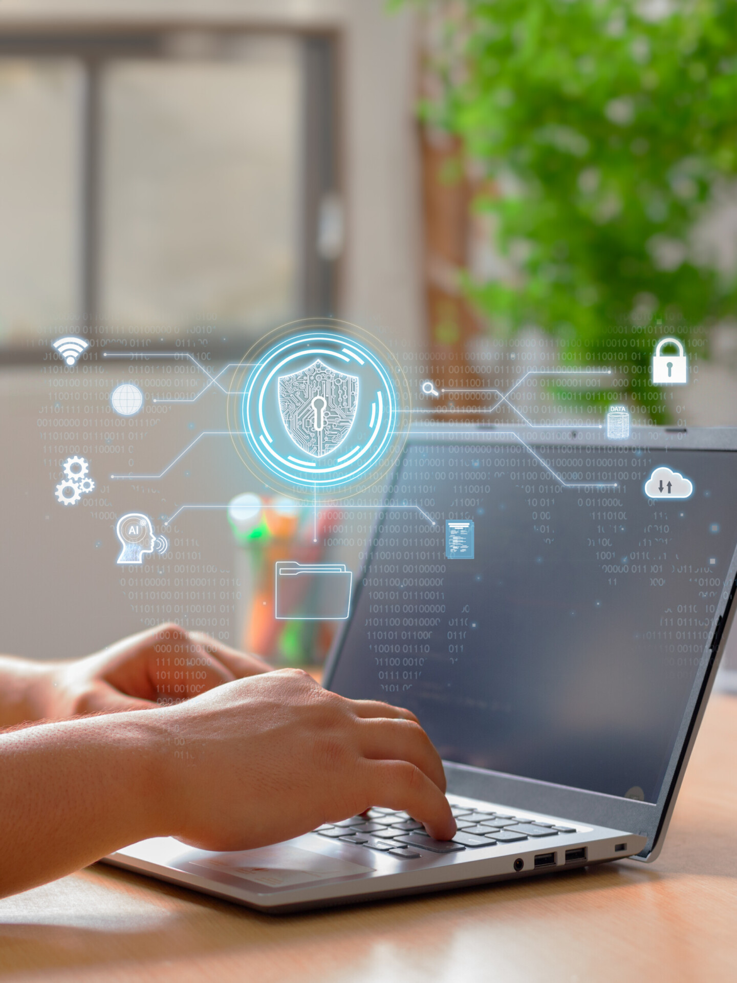 vertical photo of a man using secure digital encryption technology, cybersecurity data protection privacy.